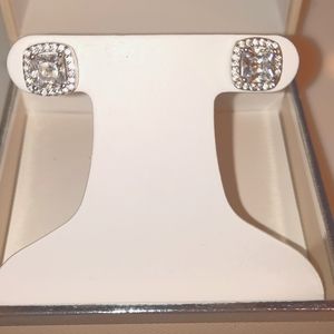 Fashion Princess cut halo post earrings.